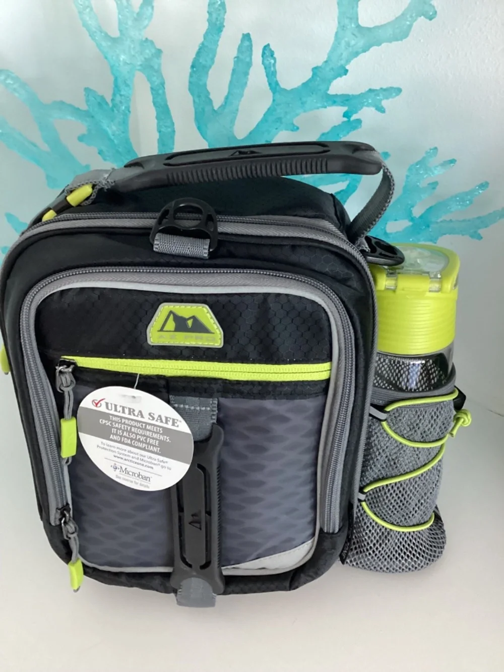 AZ Pro Insulated Zipper Lunch Bag, Black Geometric w/ Containers & Ice Packs NEW
